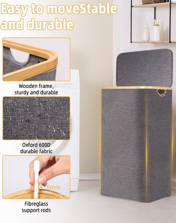 Laundry Basket with Lid 100L, Laundry Box with Bamboo Handles and Inner Pocket, Bamboo Laundry Collector, Large Capacity, Laundry Baskets, Foldable Laundry Baskets for Laundry Room, Bedroom, Bathroom (Gray)