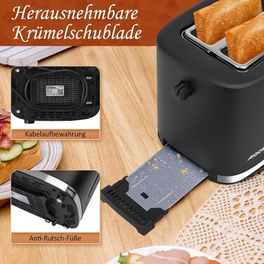 Тостер Aigostar Energy з 2 слотами для тостів, підставка для булочок, 6 рівнів підсмажування, функції відключення, розморожування та підігріву, знімний піддон для крихт, 800W, чорний