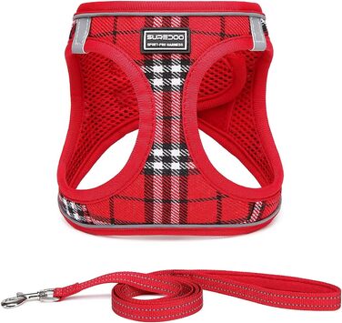Шлейка для собак Suredoo для маленьких собак з повідком, анти-тягнуча, світловідбиваюча, дихаюча, нагрудна, для цуценят (Червоно-біла клітинка, M, Обхват грудей: 34-39см)