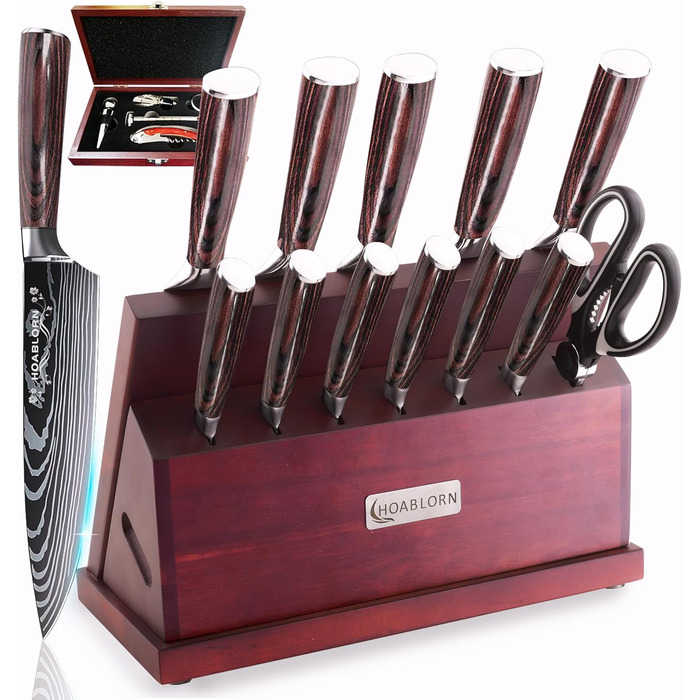 Набір кухонних ножів Hoablorn 15 предметів з блоком: високоякісний набір ножів з дерев'яним блоком, ідеальний для дому та як подарунок