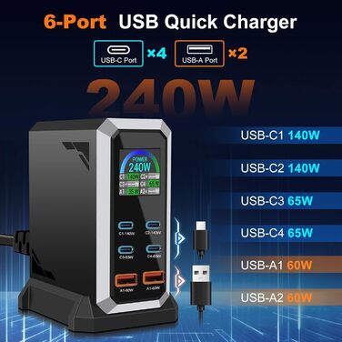 Зарядний пристрій USB C 240W, 6 портів: 4x USB-C + 2x USB-A для MacBook, iPad, iPhone 15 Pro, Samsung та інших пристроїв – швидка зарядка