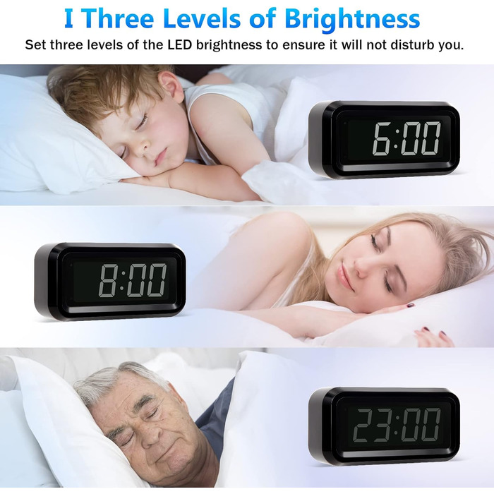 Цифровий будильник Timegyro з LED дисплеєм, акумуляторний, компактний, для подорожей та дому, 3 рівні яскравості, великий LED дисплей 1.2', чорно-білий