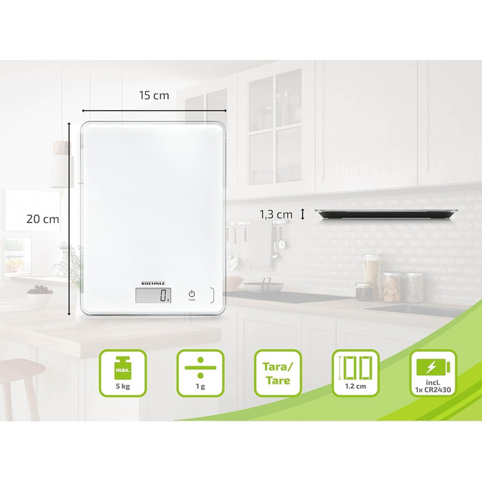Кухонні ваги Soehnle Page Compact 300 білі, цифрові ваги до 5 кг, LCD-дисплей, функція тарування