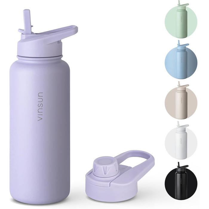 Stainless steel water bottle, purple, 1L - Straw, drinking spout - leak-proof, carbonated beverage compatible, BPA-free - Thermos bottle, sports, outdoor, school, university, bicycle, hiking, gym