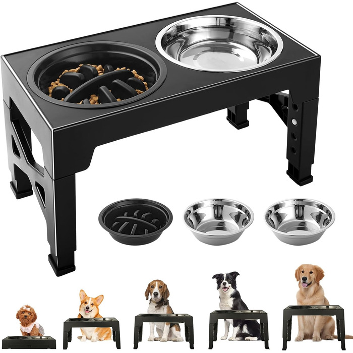 Підвищена годівниця для собак, регульована висота, великі породи - 2 x миска з нержавіючої сталі (1200 мл) + 1 x повільна годівниця (800 мл) - антиковзна станція для годування середніх/великих собак, чорний/сірий колір