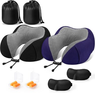 Подушка для шиї CloudBliss Premium з Memory Foam: для подорожей, авто, офісу та дому. Зменшує біль, забезпечує комфортний сон. 2 шт. (Чорний та Морський блакитний)