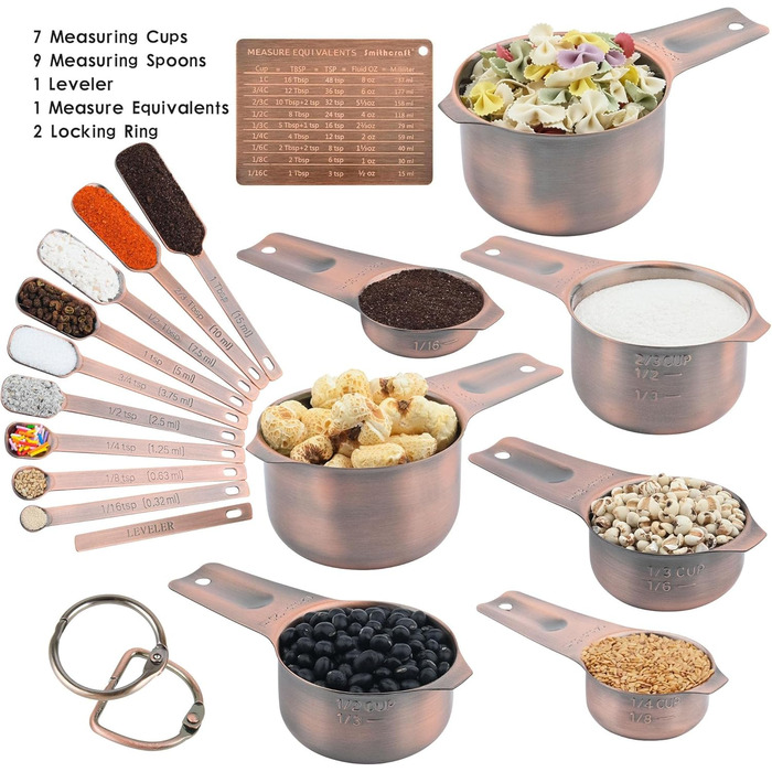 Smithcraft Measuring Cup and Spoon Set, Copper Measuring Cups and Spoons for Dry and Liquid Ingredients, Metric and US Units, 7 Stainless Steel Measuring Cups & 9 Spoons, Leveler and Measurement Equivalents