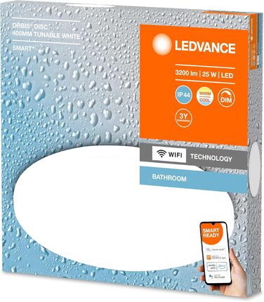 LEDVANCE Smart LED Bathroom Lamp white, 1200LM, 3000-6500K, 300mm x 70mm, IP44, Orbis Bath Bathroom Fixture with Wifi Technology, dimmable, controllable via app and voice assistants (White, 40cm, Disc)