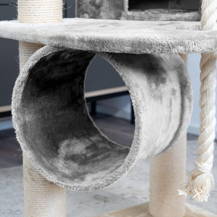 Кігтеточка для котів HAPPYPET 181 см - стабільний кімнатний комплекс з будинком, тунелем та ігровим майданчиком, сірий