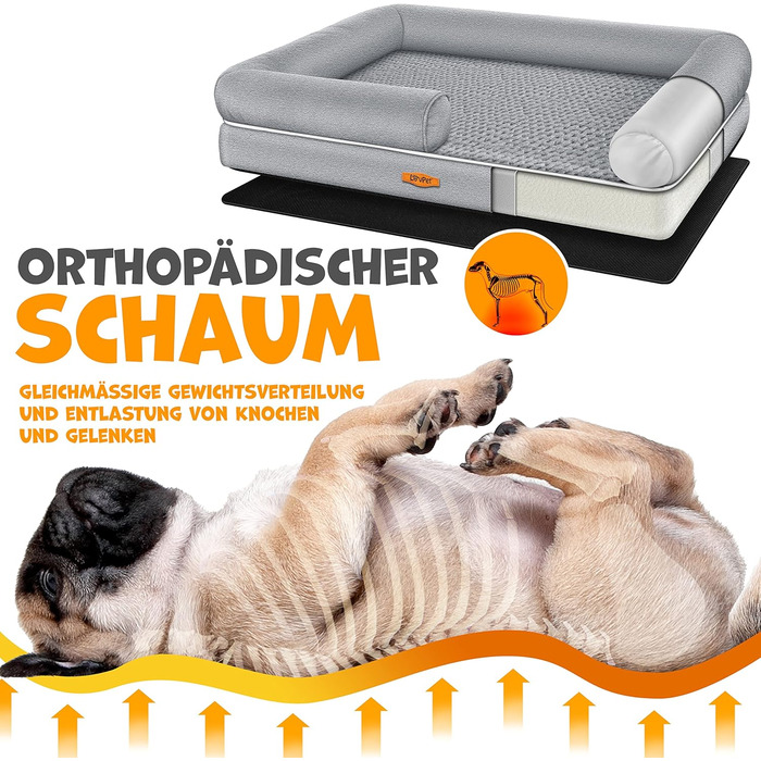 Orthopedic Dog Bed, Dog Cushion, Dog Basket Relax, Incl. Bowl + 3x Chew Bones, Dog Sofa for Small, Medium & Large Dogs, Removable and Washable Cover, 91x71x22cm (L (106 x 80 x 25 cm), Grey)