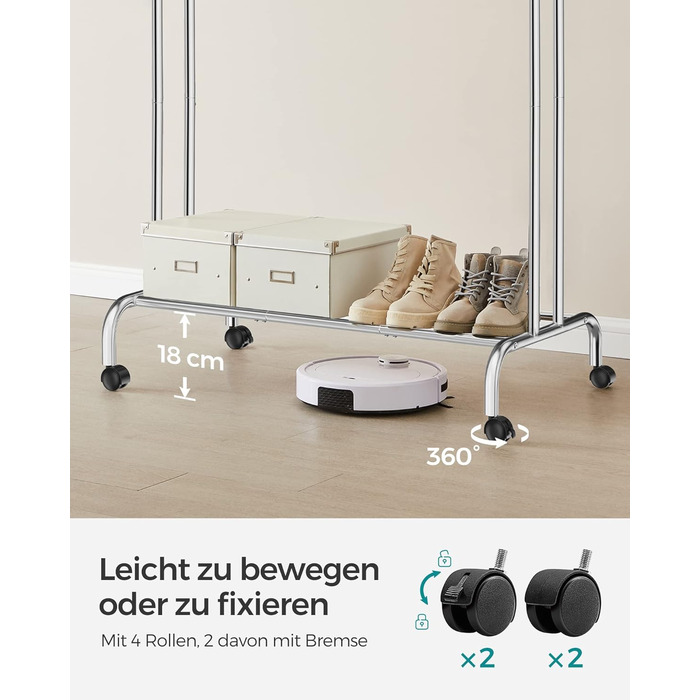 Стійка для одягу SONGMICS на колесах, 2 перекладини, срібна, до 100 кг, 103,5 см