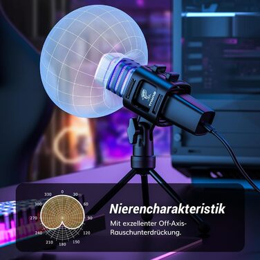 Мікрофон TONOR TC30 RGB з конденсаторним капсулою, нирковий характеристика, для стрімінгу, подкастингу, запису голосу, сумісний з ПК та ноутбуком