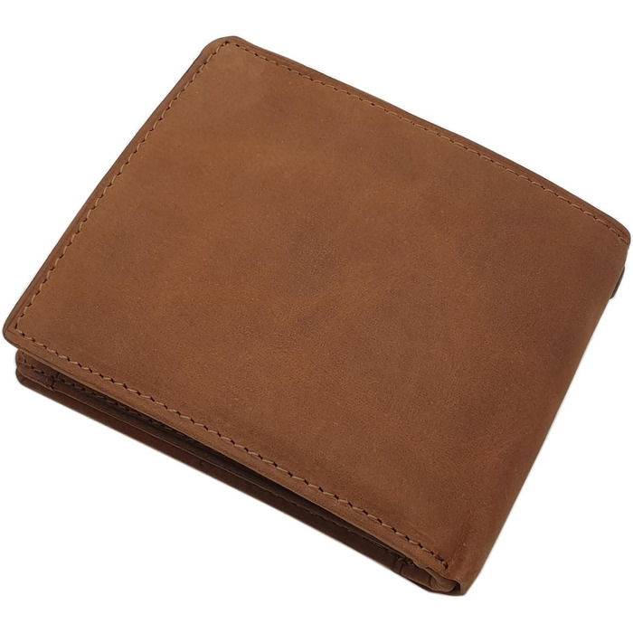 myledershop Genuine Buffalo Leather Wallet/Bifold Wallet/Card Holder/Money Bag in Portrait or Landscape Format with Wolf Design and RFID & NFC Protection (Model 2 / Landscape/Cognac)
