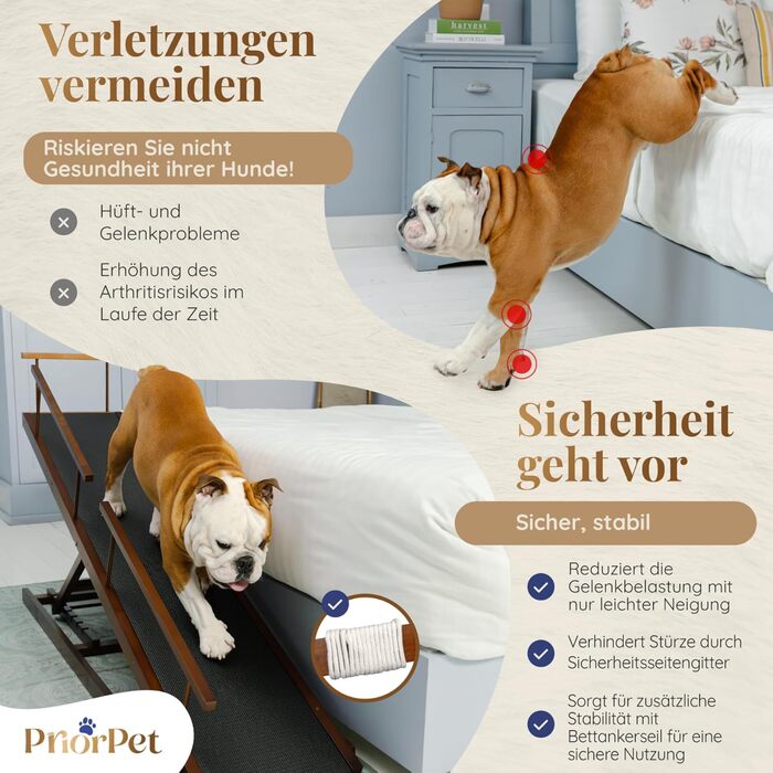 Сходинки для собак PRIORPET з натурального березового дерева з поручнями - регульована висота до 94.5 см - складаються - антиковзні ручки - для собак до 23 кг - колір Walnut