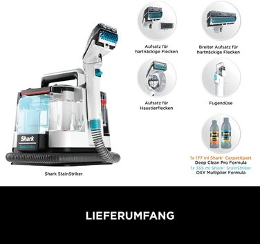 Shark Бездротовий видальник плям, портативний пилосос для прання та видалення запахів, для килимових покриттів, м'яких меблів та іншого, з коробкою для зберігання, аксесуарами та 2 × засіб для чищення, HX100EUCP (StainStriker Lösning Starterflaschen)