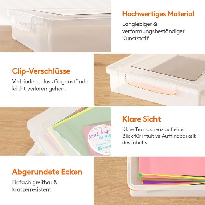 Lifewit 4 Pack 5L Storage Boxes with Lids, Plastic Boxes with Clip Closures, A4 Document Boxes, Transparent Organizers, Multi-Purpose Boxes for Crafts, Paper, Art Supplies, Building Blocks, Tools