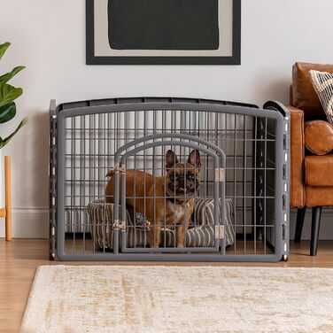 Лейс для собак Iris USA з дверцятами, 61 см, для цуценят та маленьких собак, безпечний, простий монтаж, зручне зберігання, регульований, гумові неслизькі ніжки (Темно-сірий, 61 см висота – 4 панелі)