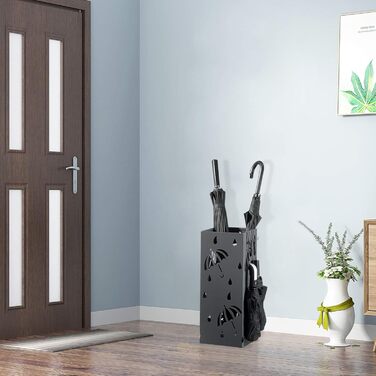 WOLTU Iron Umbrella Stand - Rectangular, 20x20x49cm - with Water Tray & 4 Hooks - Anthracite SST02an