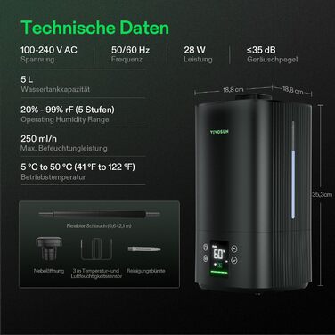 Зволожувач повітря VIVOSUN для рослин 5л Smart, AeroStream H05, 24dB, 360° Cool Mist, 50H, Top-Fill, Ультразвуковий, для гроу-тенту/гроубокса