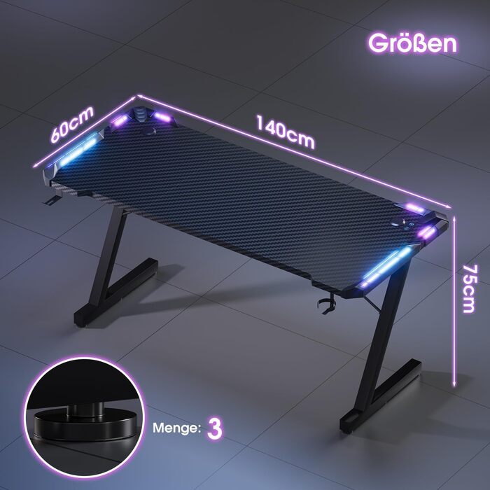 Ігровий стіл Devoko з LED-підсвіткою, комп'ютерний стіл для геймерів (чорний, 140 x 60 см)