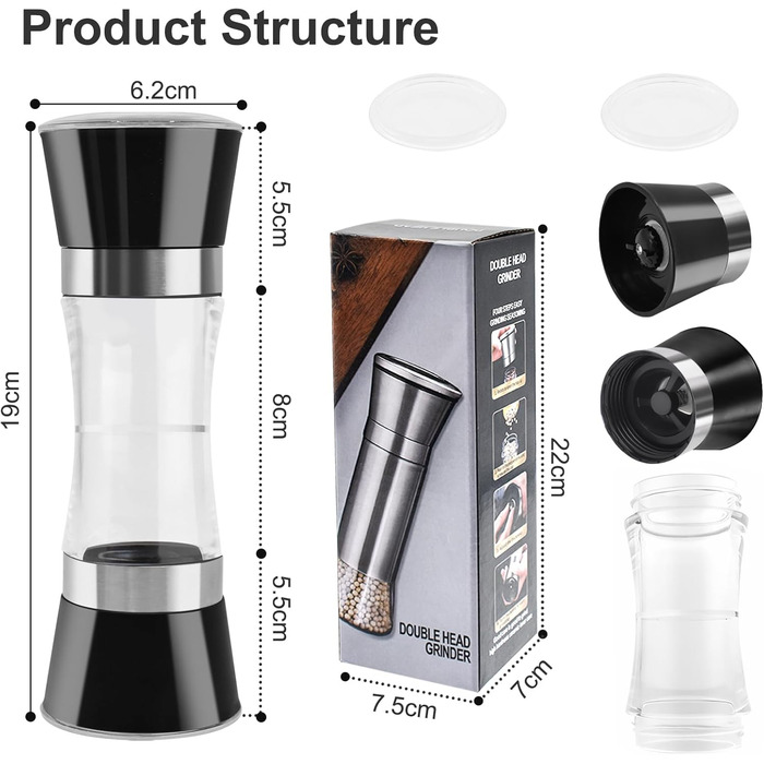 Мельниця для солі та перцю 2-в-1 Cyiecw, ручна, з регулюванням, нержавіюча сталь, для перцю та солі (чорна)