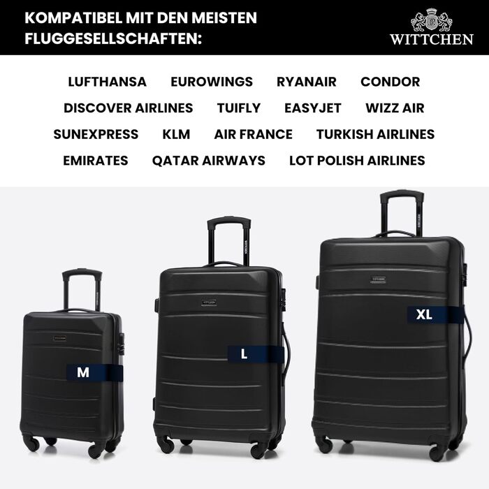WITTCHEN Globe Line: Чемодан-ролер ручної поклажі з ABS, 4 колеса, кодовий замок, телескопічна ручка, чорний | Розмір S | Підходить для Lufthansa, Eurowings, Ryanair, Condor, Discover Airlines