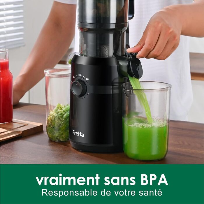 Fretta Slow Juicer with 108 mm Opening & 1L Capacity, Juicer for Vegetables and Fruits - Test Winner, 200W Electric Juice Press with Cold Press, Easy Cleaning and Quiet Motor, BPA-free (Black, 1L) 1L Black