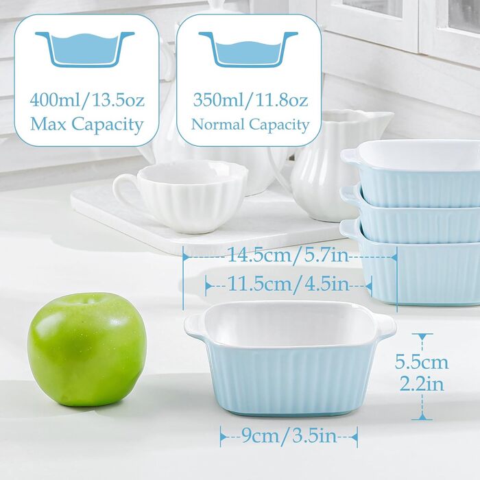 Набір форм для запікання NUTRIUPS 400мл, 4 шт., кераміка, 14.5 x 11.5 x 5.5 см, блакитний