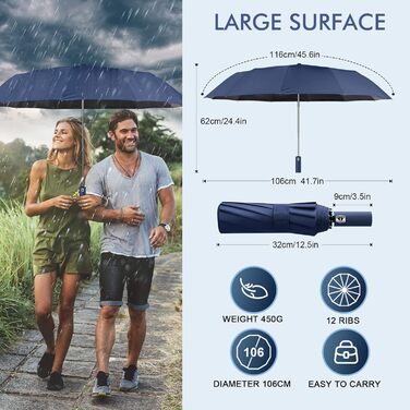 LAMA Гольф-парасолька LAMA: Стійкий до вітру, автоматичний парасолька 105см, 12 спиць, нейлон 210T, анти-UV, для подорожей (Темно-синій)