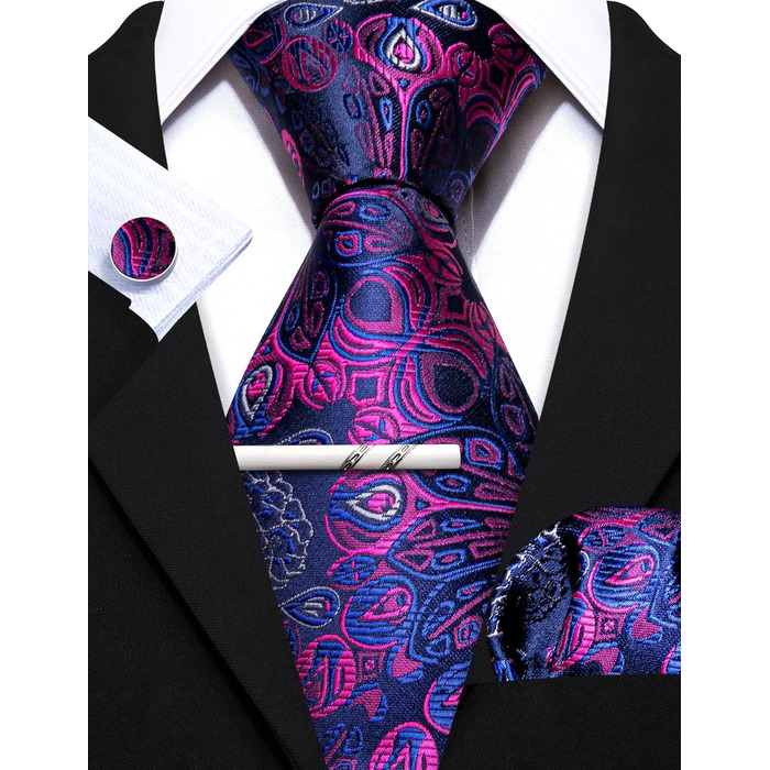 Набір краваток Barry.Wang: однотонний павловій узор, атлас, з кишеньковим хустинкою для весілля (фіолетовий, пурпурний)