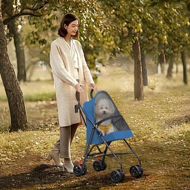 Візок для собак та котів OHMG, складаний, до 20 кг, з гальмами, великий кошик, 3 вікна, тримач для напоїв, блакитний