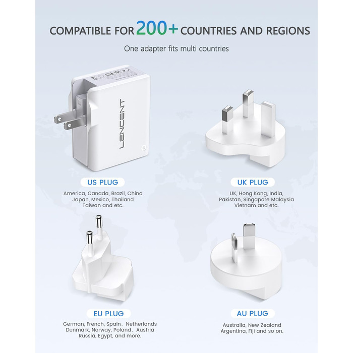 Універсальний адаптер LENCENT з USB-зарядкою 4 в 1, 22W (EU/US/UK/AU) для мобільних пристроїв