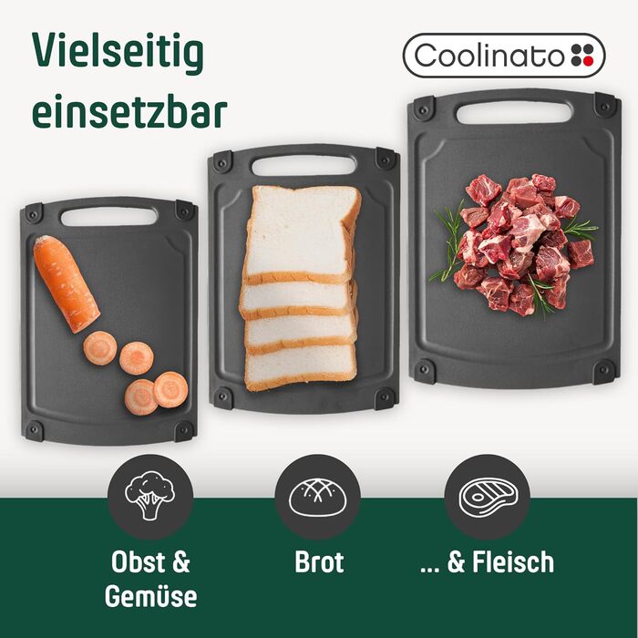 Набір кухонних дощок Coolinato з пластику сірого кольору (3 шт.) S/M/L – антибактеріальні, з жолобом для соку, неслизькі, з ручкою. 3 розміри для гігієнічного розділення. Набори кухонних дощок сірого кольору, розміри S, M та L, придатні для миття в посудо