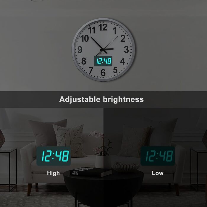 KWANWA Modern Wall Clock • Silent Operation (No Ticking) • Digital LCD/LED Display • Calendar & Temperature • Battery Powered • 30.5cm • 12-Hour Format, Perfect for Kitchen, Bedroom & Office