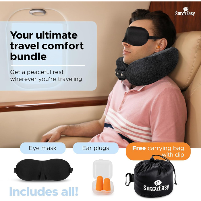 Подушка для шиї SnoozEasy™ для дорослих | Подушка для подорожей на літаку з memory foam | Регульована подушка з маскою для очей, навушниками, сумкою та карабіном | Бренд UK