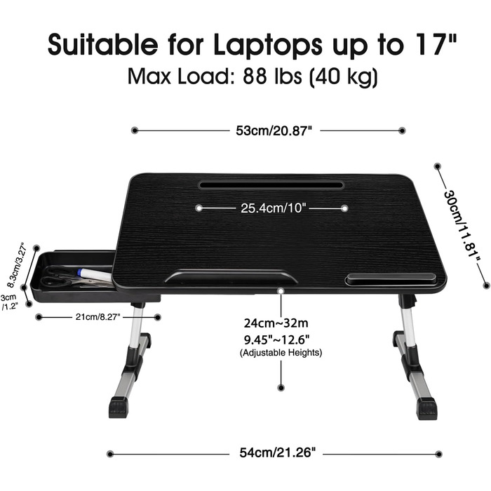 Столик для ноутбука в ліжко, регульований, складний, з ящиком, підставка для планшета (60 x 34 см, чорний)