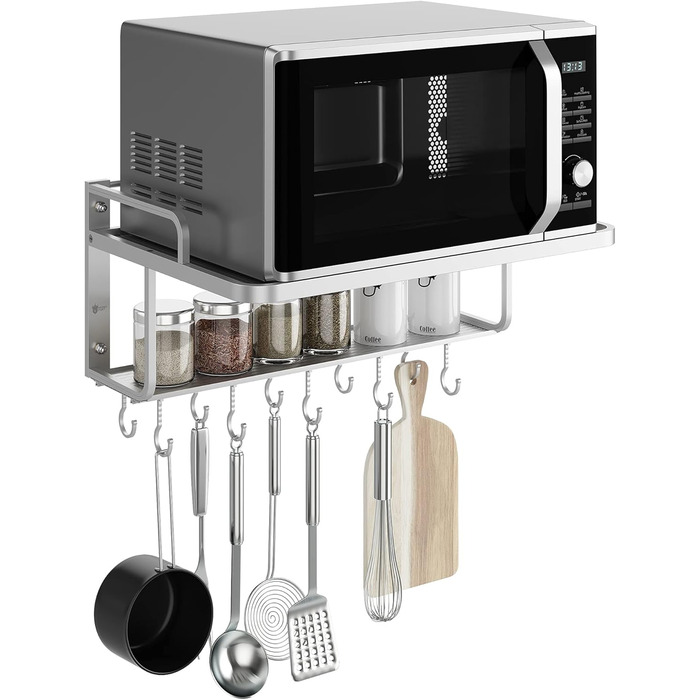 K-101 2-Layer Silver Aluminum Alloy Microwave Rack Oven Stand Kitchen Shelf Holder Wall Mount, Hanging with 10 Hooks