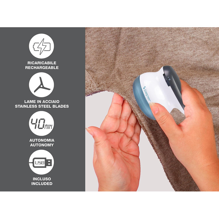 BEPER 50.245 USB-аккумуляторний видальник ворсу зі сталевими лезами. Видаляє ворс та ковтунці. Білий/блакитний, перезаряджається через USB