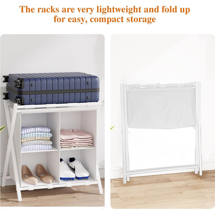 aboxoo 2-Pack Luggage Rack with Storage, Guest Room, Folding, Holds up to 54.4 kg, Space-Saving Suitcase Racks for Guest Rooms, Bedrooms, Hotel, Black (White, 2 Pieces)
