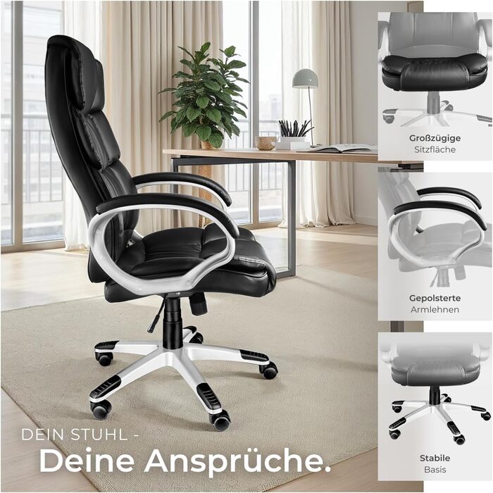 Офісне крісло tectake® з підлокітниками, регулюванням висоти та функцією гойдання, чорне, з підкладкою 12 см, оббивка під шкіру