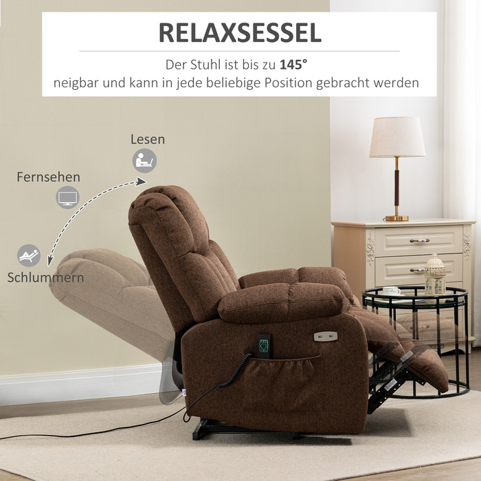 HOMCOM Electric TV Recliner with Lift Assist, Recliner with Remote Control, Power Cord, 58W, Brown, Steel, Polyester, 92 x 95 x 107 cm | Aosom