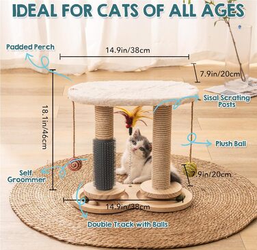 MEWOOFUN 2-Layer Rotating Kitten Toy Cat Toy Self-Entertainment - Cat Toy Roller for Indoor Cats with Natural Sisal Scratcher Cat Self-Care, (white)