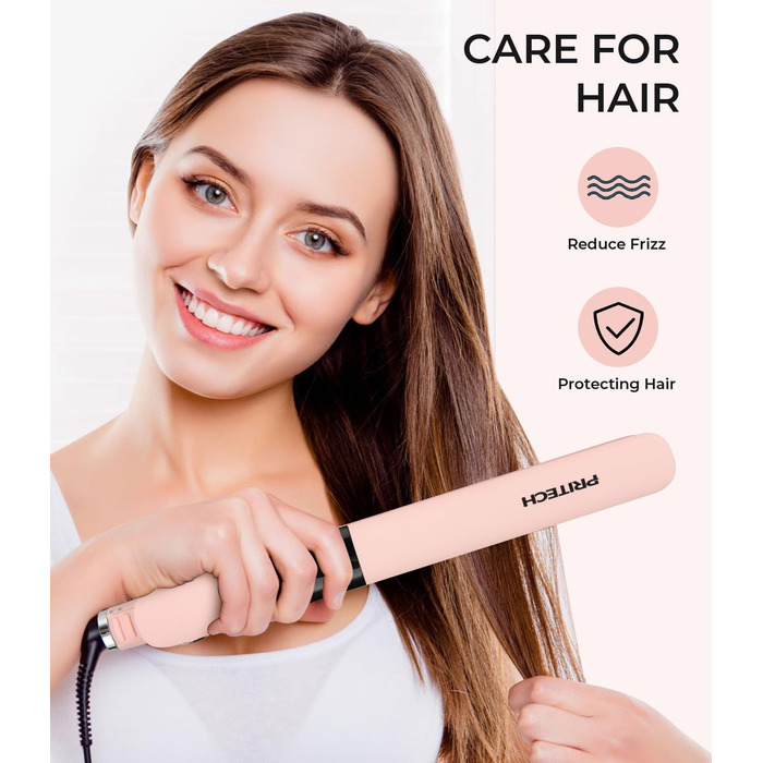 Плойка для волосся PRITECH з титановою пластиною, LCD-дисплеєм, регулюванням температури 150–230°C, універсальна напруга (Рожева)