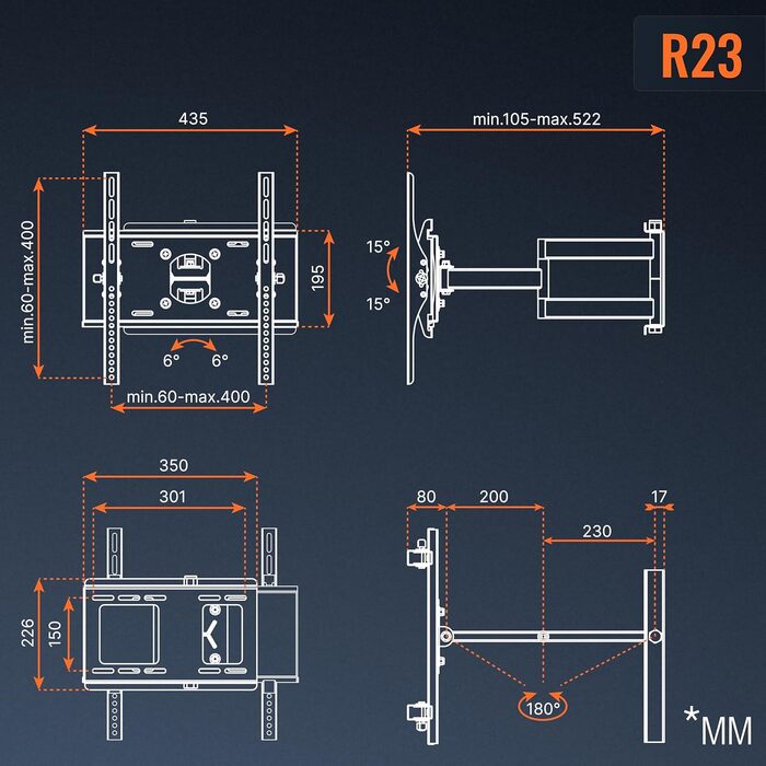 Кріплення для телевізора RICOO R23-S, поворотне, нахильне, до 65 дюймів, VESA 400x400, до 95 кг