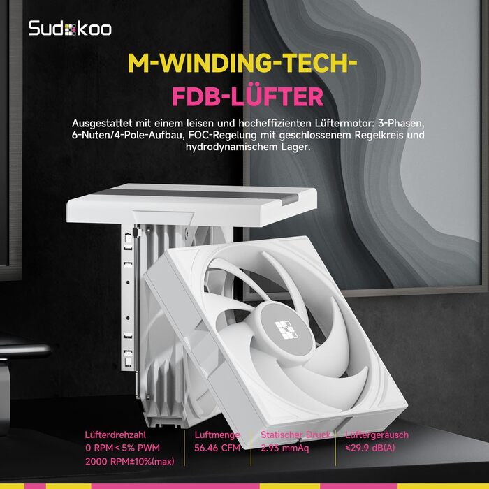 Кулер для процесора Sudokoo SK620 White (AM5): двосекційний повітряний охолоджувач з цифровим дисплеєм, 6 теплотрубками та 2 вентиляторами PWM FDB 120мм, білий