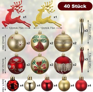 Набір прикрас для ялинки Kssvzz 40 шт. Червоні та золоті кульки з пластику, з гачками, блискучі та матові, для ялинки