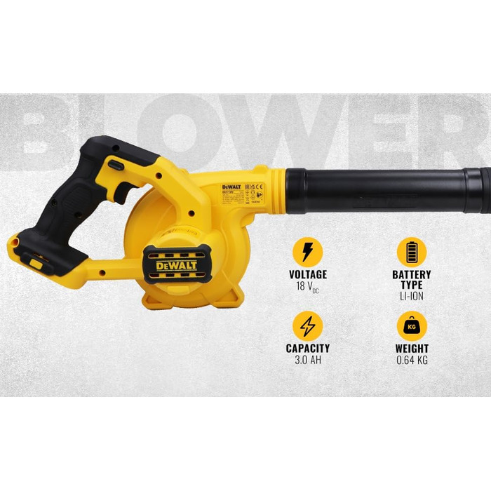 DEWALT Cordless Blower/Leaf Blower (18V, 290 km/h blowing speed, THREE-stage switch, delivered without battery and charger) DCV100-XJ