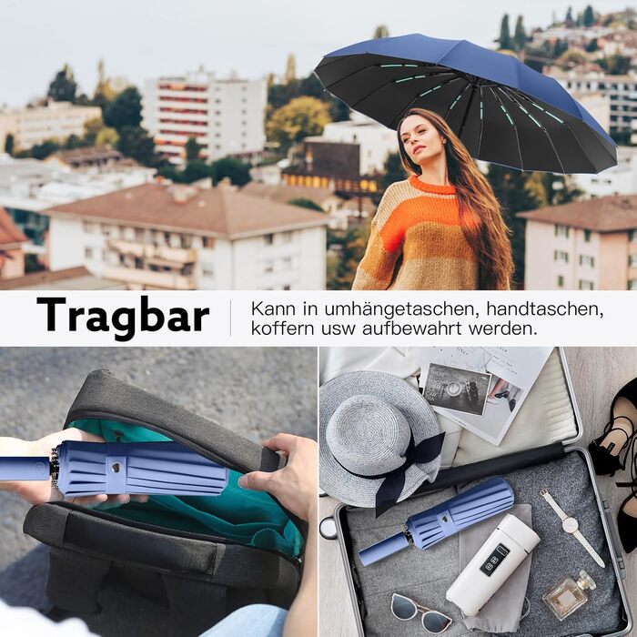 Стійкий до вітру парасолька-тростина, автоматичний, великий, з 16 ребрами, покриття Teflon 210T, анти-UV (блакитний)