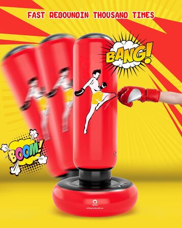 Дитячий боксерський мішок QPAU з рукавичками, 168 см, стабільний надувний боксерський мішок для дітей 6-12 років, подарунок для хлопчиків та дівчаток (Червоний)