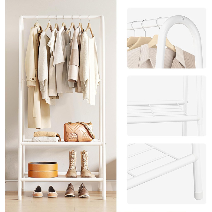 Robust metal clothes rack with double shelves for hanging clothes. Freestanding portable metal clothes rack, 62 L x 35 W x 157.5 H cm. Space-saving, Gold (White)